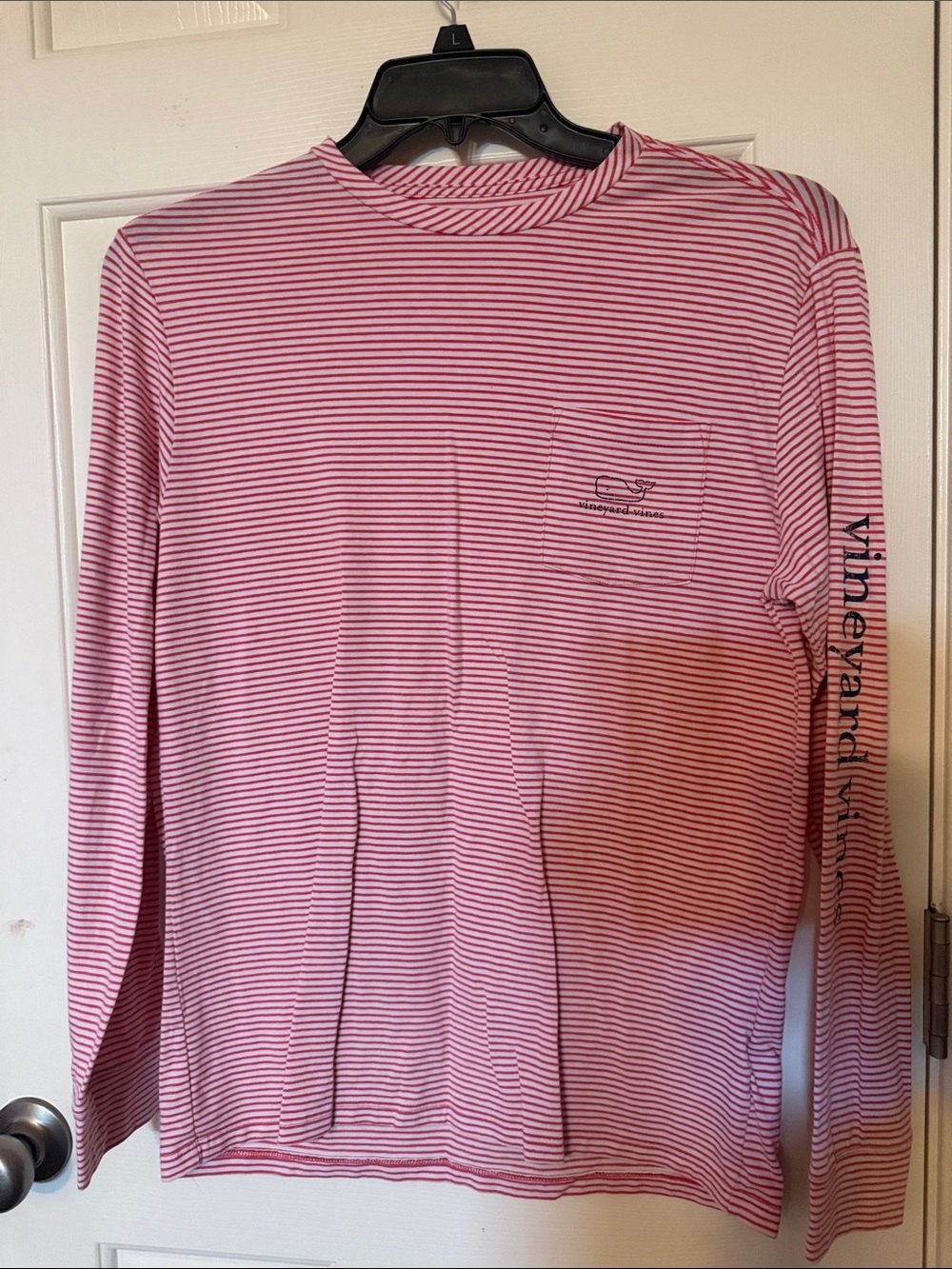 Vineyard Vines Pink and White Striped Long-Sleeve Tee with Pocket